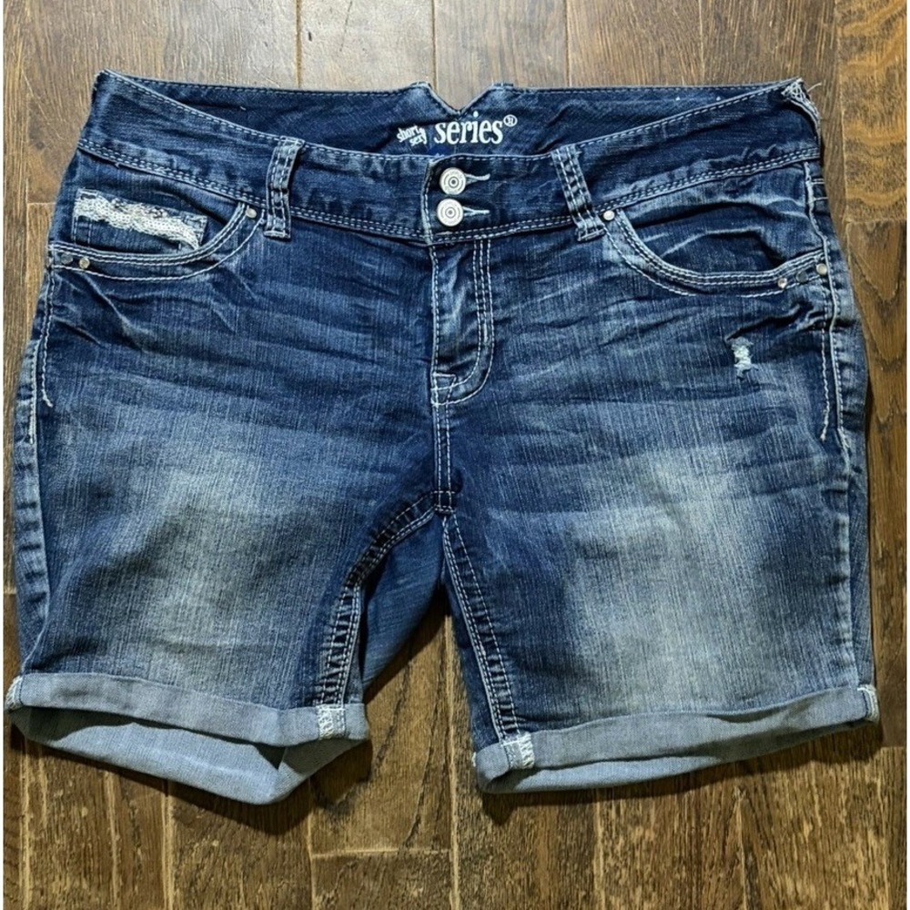 Short&Sexy Series 31 Jean Shorts sz 13 Midi Rise Dark Wash Stretch Cuffed Y2K